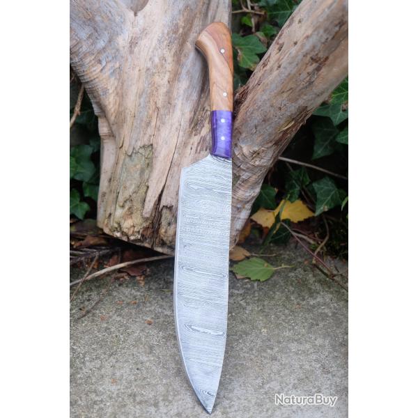 Couteau De Cuisine de Chef Lame Acier Damas 256 Couches Manche Bois/Rsine Fabric Artisanale