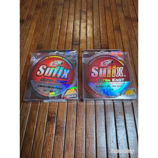 LOT PCHE DESTOCKAGE 2 BOBINES Nylon Sufix Ultra Knot Rose et  Orange - 150M-0,16mm