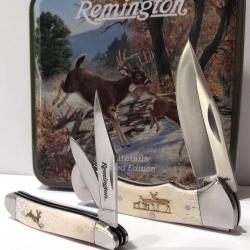 Set de Couteaux Pliants Remington White Tails Lames Acier Inoxydable Manches Os Blanc Boite Métal