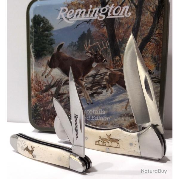Set de Couteaux Pliants Remington White Tails Lames Acier Inoxydable Manches Os Blanc Boite Mtal