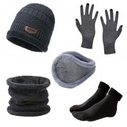 Ensemble hiver homme 5 pièces - Bonnet, gants, écharpe, chaussettes chaudes Gris