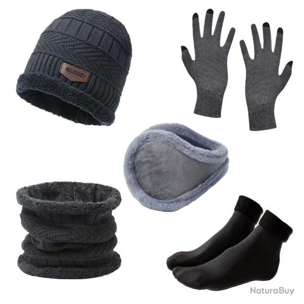 Ensemble hiver homme 5 pices - Bonnet, gants, charpe, chaussettes chaudes Gris