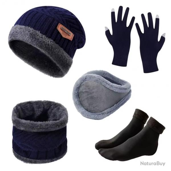 Ensemble hiver homme 5 pices - Bonnet, gants, charpe, chaussettes chaudes Bleu
