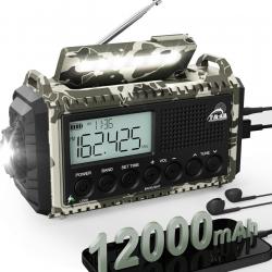 Radio Solaire Urgence Portable Batterie12000mAh Manivelle Lampe Poche Écran LCD USB SOS Étanche IPX4