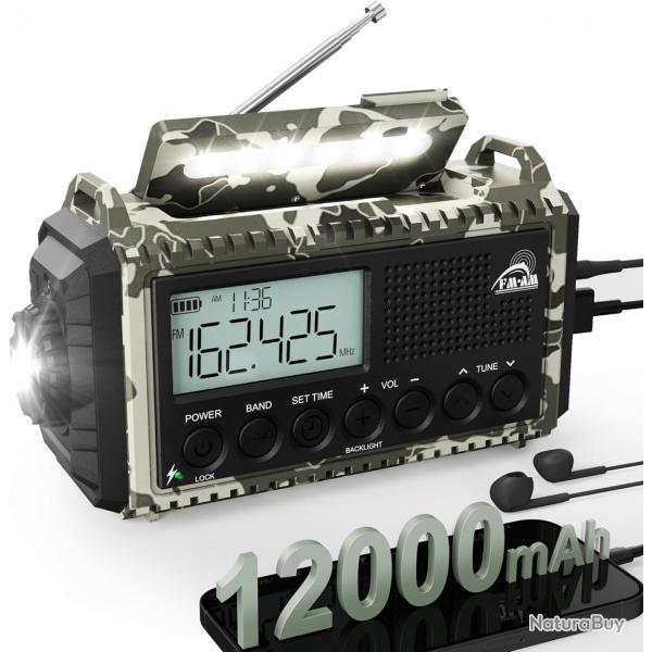 Radio Solaire Urgence Portable Batterie12000mAh Manivelle Lampe Poche cran LCD USB SOS tanche IPX4