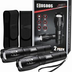Lampe Torche LED Tactique 2 Pcs 1000 Lumens Lot de 2 Batteries Étui Étanche IPX4 Zoomable 5 Modes