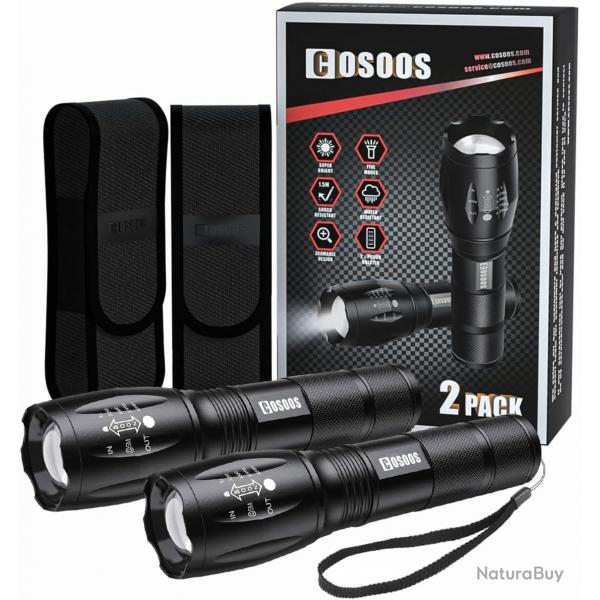 Lampe Torche LED Tactique 2 Pcs 1000 Lumens Lot de 2 Batteries tui tanche IPX4 Zoomable 5 Modes