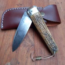 Ancien Gros Couteau de Chasse BOULEDOGUE  Manche en Bois de Cerf avec Étui en cuir