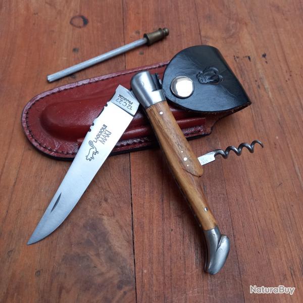 Magnifique Couteau Rgional LAGUIOLE MAKI 2 Pieces Manche en Bois avec tui en cuir + Aiguiseur