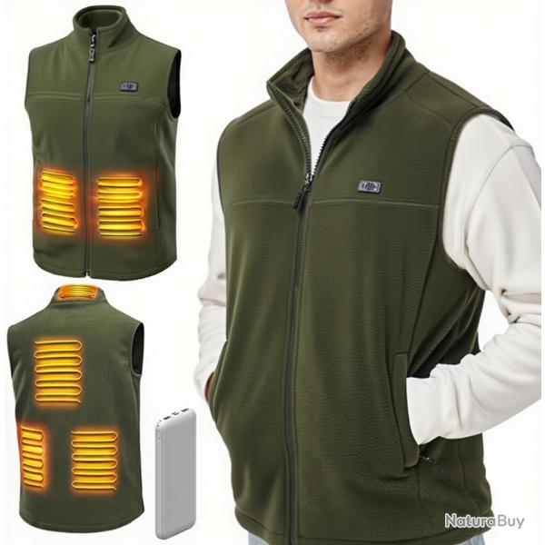 Gilet polaire chauffant 6 zones de chauffe - Batterie 10 000 mAh - Vert arme - Livraison rapide