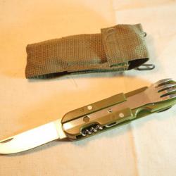 Ensemble canif et couverts kaki avec étui tissus kaki et crochet ceinturon type US REF EBR24COU001