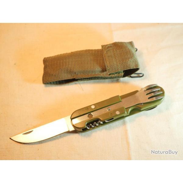 Ensemble canif et couverts kaki avec tui tissus kaki et crochet ceinturon type US REF EBR24COU001