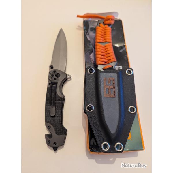 *1 Couteau Gerber Bear Grylls + couteau tactique avec brise vitre et coupe cable*