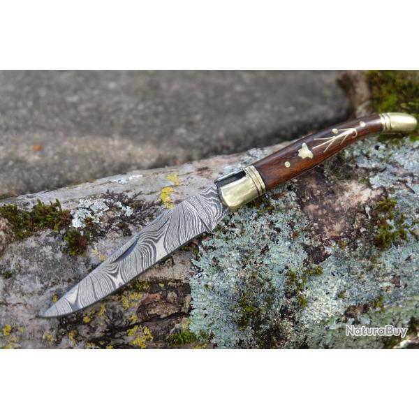 Couteau Damas Lame 128 couches Faon Laguiole Abeille Manche Bois Fleur Laiton Fabric Artisanale 001