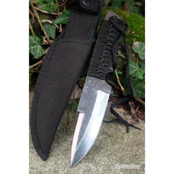 Couteau de Brousse Lame Bayo Acier Carbone 1055 Manche Corde Etui Nylon Pour le Camp & Buschraft