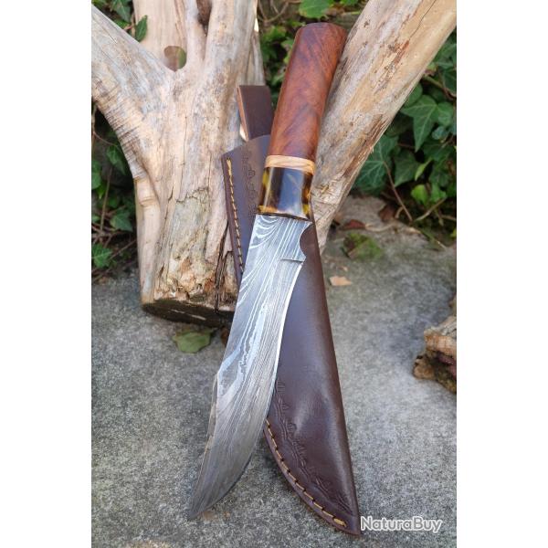 Beau Poignard Couteau Legolas Damas Lame 256 Couches Manche Bois Fabrication Artisanale Etui Cuir