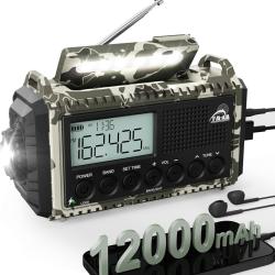 Radio Solaire Urgence Portable Batterie12000mAh Manivelle Lampe Poche USB Étanche IPX4 SOS Écran LCD