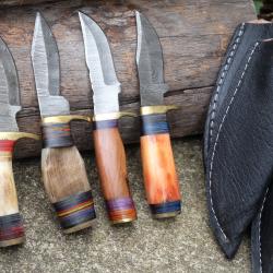 LOT DE 4 Couteau Skinner Damas Lame 256 Couches Manche Bois/Os/Corne/Cerf Fab Artisanale Etui Cuir