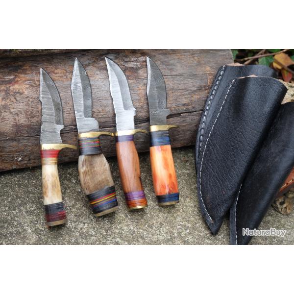 LOT DE 4 Couteau Skinner Damas Lame 256 Couches Manche Bois/Os/Corne/Cerf Fab Artisanale Etui Cuir
