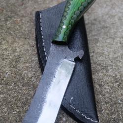 Couteau Skinner Lame Rasoir Acier Carbone 1055 Manche Bois Green 3D Etui Simili Fabr Artisanale