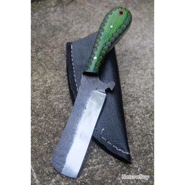 Couteau Skinner Lame Rasoir Acier Carbone 1055 Manche Bois Green 3D Etui Simili Fabr Artisanale