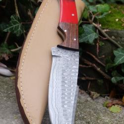 Skinner Bowie Couteau de Chasse Damas Lame 256 Couches Manche Bois/Résine Fabr Artisanale Etui Cuir
