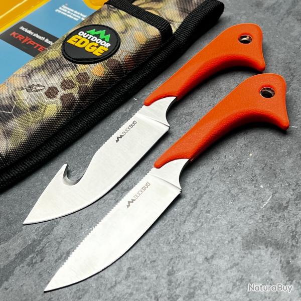 Set de 2 Couteaux Outdoor Edge Duck Duo Lame Acier 8Cr14MoV Manche TPR Etui Camo Survie Chasse Treck