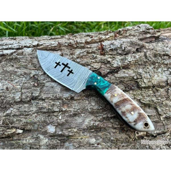Couteau GOLGOTHA damas forg LLF corne de blier 20cm vert enchre