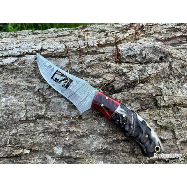 Couteau du PELERIN damas forg LLF corne de blier 20cm rouge enchre