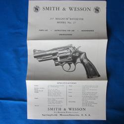 Notice papier d'origine - Ancienne notice SMITH & WESSON pour revolver modèle 27