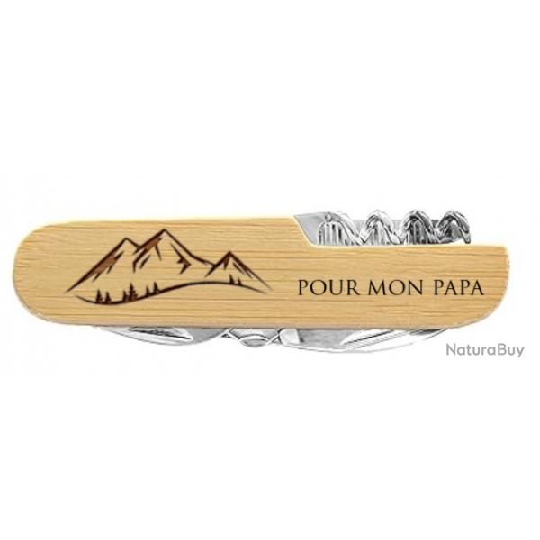 Couteau Suisse personnalisable 7 fonctions - Manche en bambou - Ides de cadeaux - Avec pochette