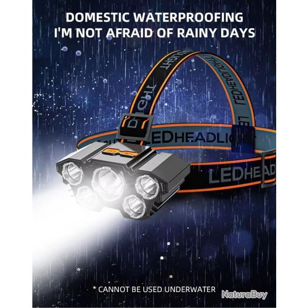 Lampe frontale Rechargeable par Usb 5 leds haute puissance