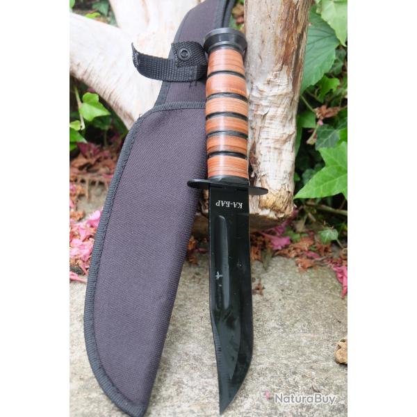 Couteau Tactical Marines Combat Short Lame Acier 40X13 Black Manche Cuir Etui Nylon Style Ka-bar