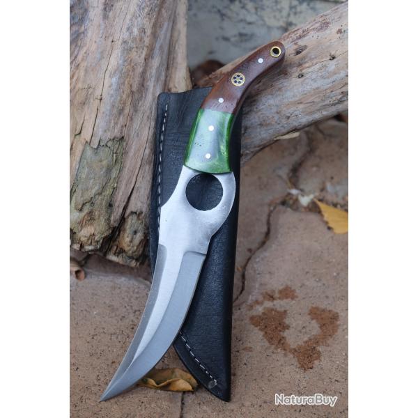 Couteau De Cuisine & Rando Lame Acier Carbone 1055 Faon Huusk Etui Cuir Manche Bois/Rsine Artisan