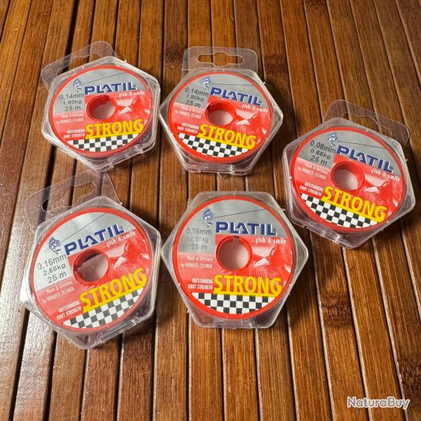 LOT PCHE DESTOCKAGE 4 BOBINES Nylon Platil Strong Brun divers diamtre : 0,08 mm 0,14 mm 0,16 mm