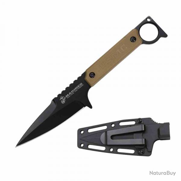 Couteau USMC Tactical Lame Acier 3Cr13 Manche FRN Tan Etui ABS USMFIX3005TN