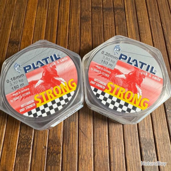 LOT PCHE DESTOCKAGE 2 BOBINES PLATIL Nylon Platil Strong Brun 150 mtres 0,18 mm et 0,20 mm