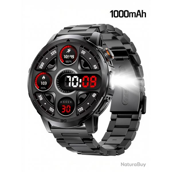 Montre connecte Militaire 1000mAh 1,85'' HD Surveillance Sant 24/24 Frquence cardiaque  Lampe LED