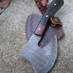 Couteau d'Esquimau Inuit Ulu/Hachette Lame Acier Damas 256 Couches Manche Bois Etui Cuir Fab Artisan