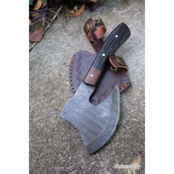 Couteau d'Esquimau Inuit Ulu/Hachette Lame Acier Damas 256 Couches Manche Bois Etui Cuir Fab Artisan