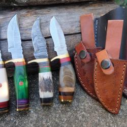 LOT DE 4 Couteau Skinner Damas Lame 256 Couches Manche Bois/Os/Corne/Cerf Fab Artisanale Etui Cuir01
