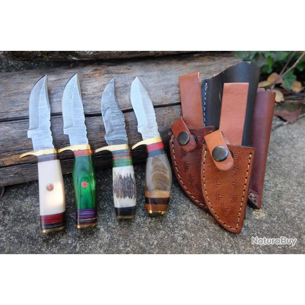 LOT DE 4 Couteau Skinner Damas Lame 256 Couches Manche Bois/Os/Corne/Cerf Fab Artisanale Etui Cuir01