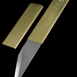 Couteau Japonais Yoshiharu Penanto Kiridashi Lame Miroir Acier Inoxydable Manche Laiton Étui Laiton