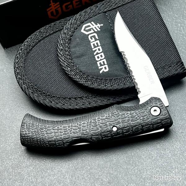 Couteau Gerber GatorMate Lame Clip Point Acier 440 Manche Kraton Etui Nylon Made USA Lockback