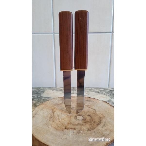 Couteau double lame manche effet bois camping pche cuisine neuf