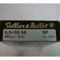 1 BOITE DE 20 MUNITIONS SELLIER & BELLOT CALIBRE 6.5X55SE OGIVES SP 140 G/9.1 GR  NEUVE