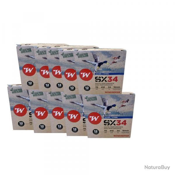 250 CARTOUCHES WINCHESTER SX34 12/70 34G HP BOURRE JUPE carton de 10 boites de 25 munitions go