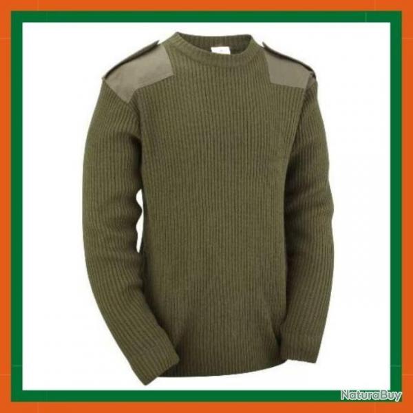 Pull militaire  col rond et coudires, paulettes renforces - Vert