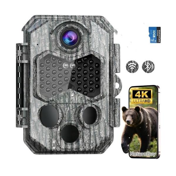 Camra de Chasse WiFi Bluetooth 60MP 4K Double Objectif Vision Nocturne Vidos + 8 Piles AA SD 32GO