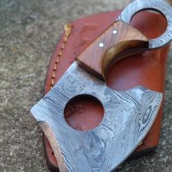 Couteau d'Esquimau Inuit Ulu de Poche Lame Acier Damas 256 Couches Manche Bois Etui Cuir Artisanat